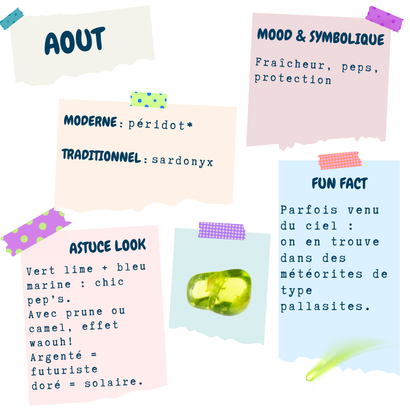 Août — péridot (moderne) et sardonyx (traditionnel) ; mood : fraîcheur, peps, protection ; astuce look : vert lime avec doré sur blanc/lin ou bleu marine ; fun fact : péridot présent dans certaines météorites (pallasites).