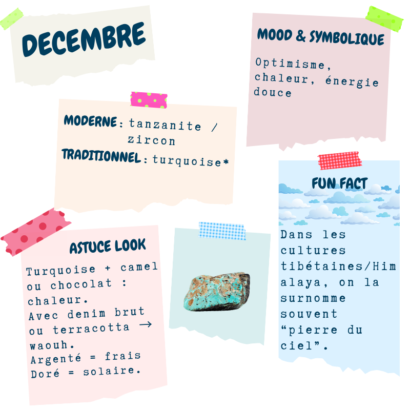 Décembre — turquoise mise en avant (traditionnelle) ; modernes : tanzanite/zircon ; mood : protection, voyage, bonne fortune ; astuce look : turquoise avec camel/chocolat, denim brut ou terracotta ; fun fact tanzanite : découverte en 1967 près du Kilimandjaro et nommée par Tiffany & Co.