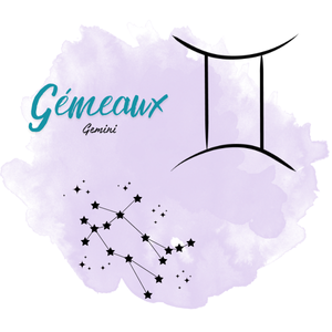 Constellation des Gémeaux – symbole astrologique Gemini, illustration astrologie avec nom en français et latin.