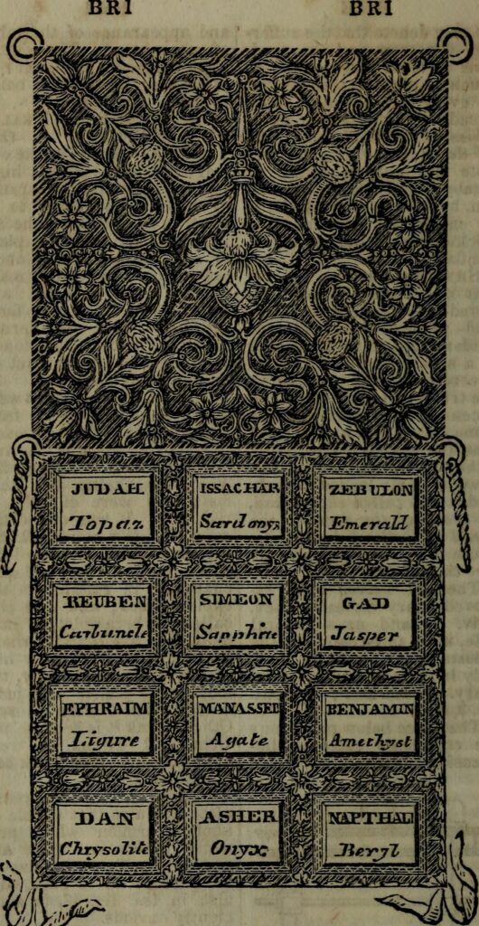 Gravure de 1837 montrant le pectoral du grand prêtre décoré de douze pierres précieuses identifiées par tribu : topaze, sardonyx, émeraude, escarboucle, saphir, jaspe, ligure, agate, améthyste, chrysolite, onyx et béryl.